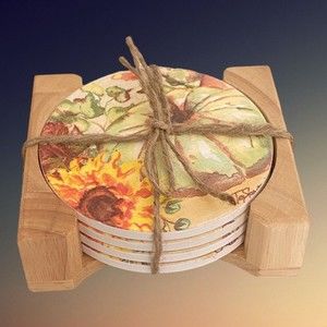 Fall Pumpkin Ceramic Coasters in Wooden Holder set of 4 New handmade 4" Diameter